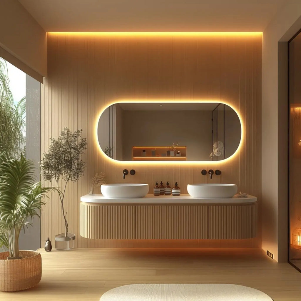 Modern bathroom with solid oak ribbed double vanity and wall-mounted sinks.