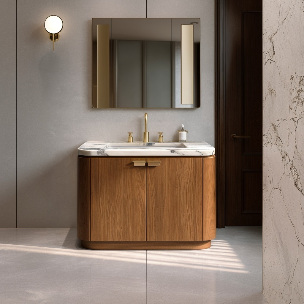 custom curved walnut bathroom vanity