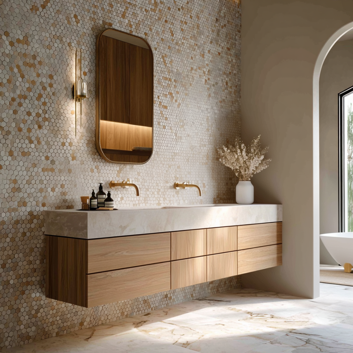 custom floating vanity with mitered edges