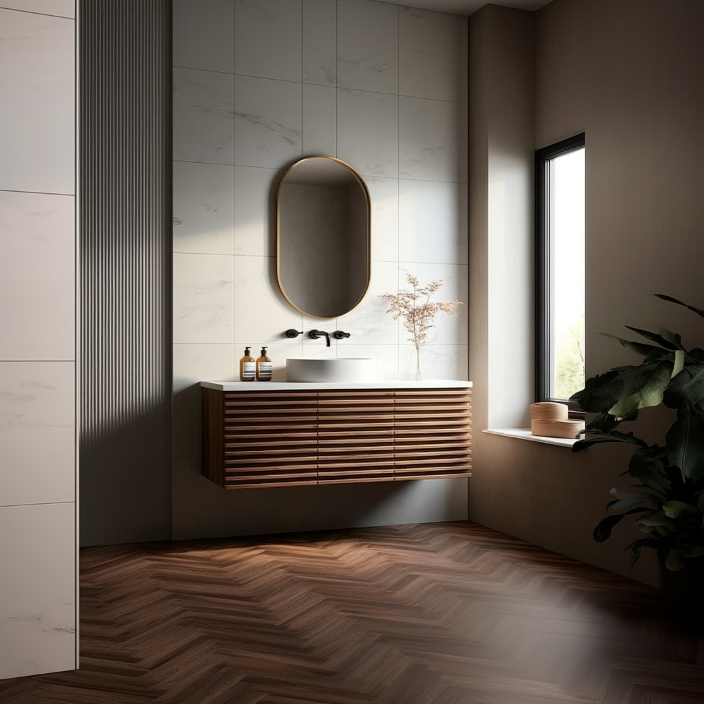 handleless ribbed wood bathroom cabinet