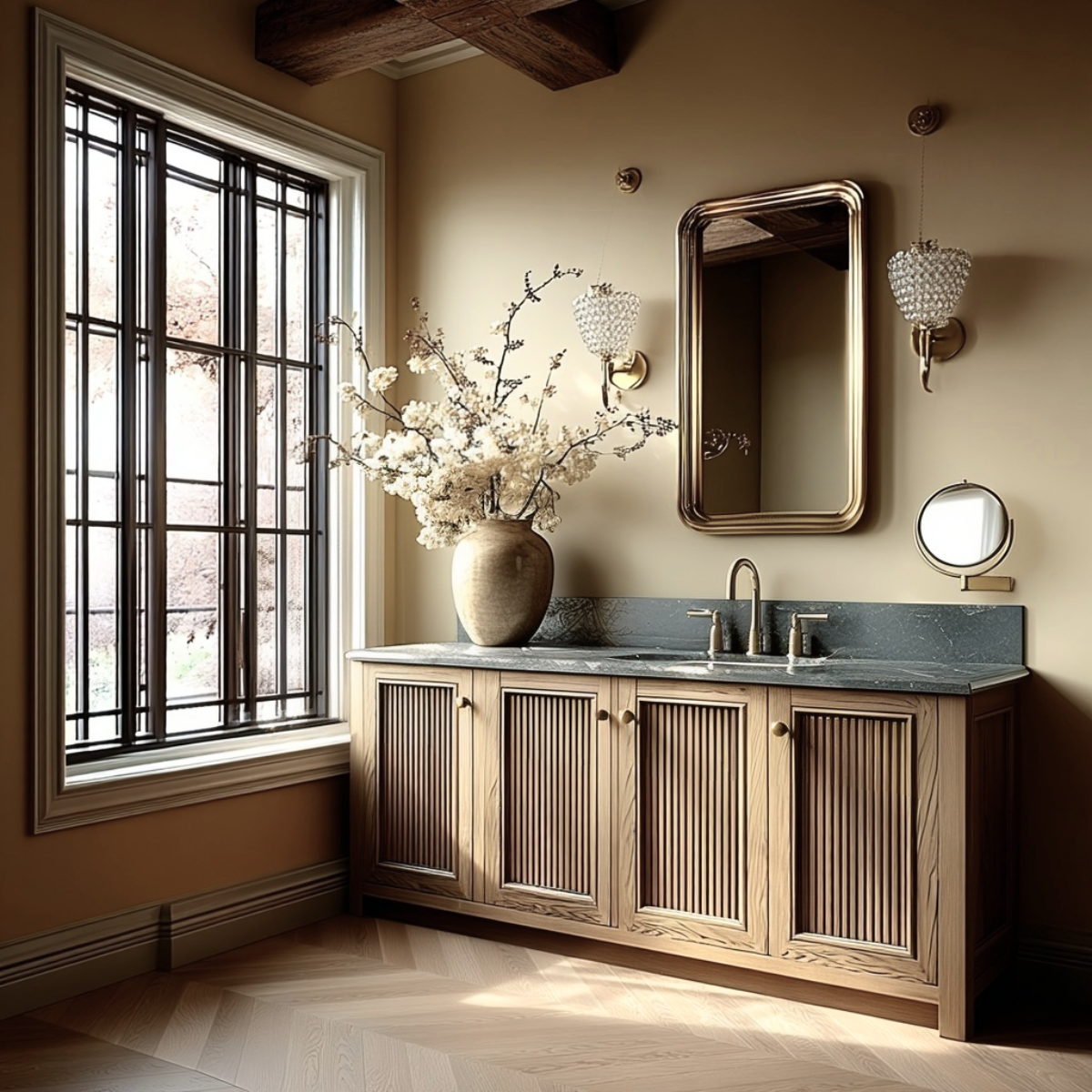 custom fluted oak vanity with framed doors