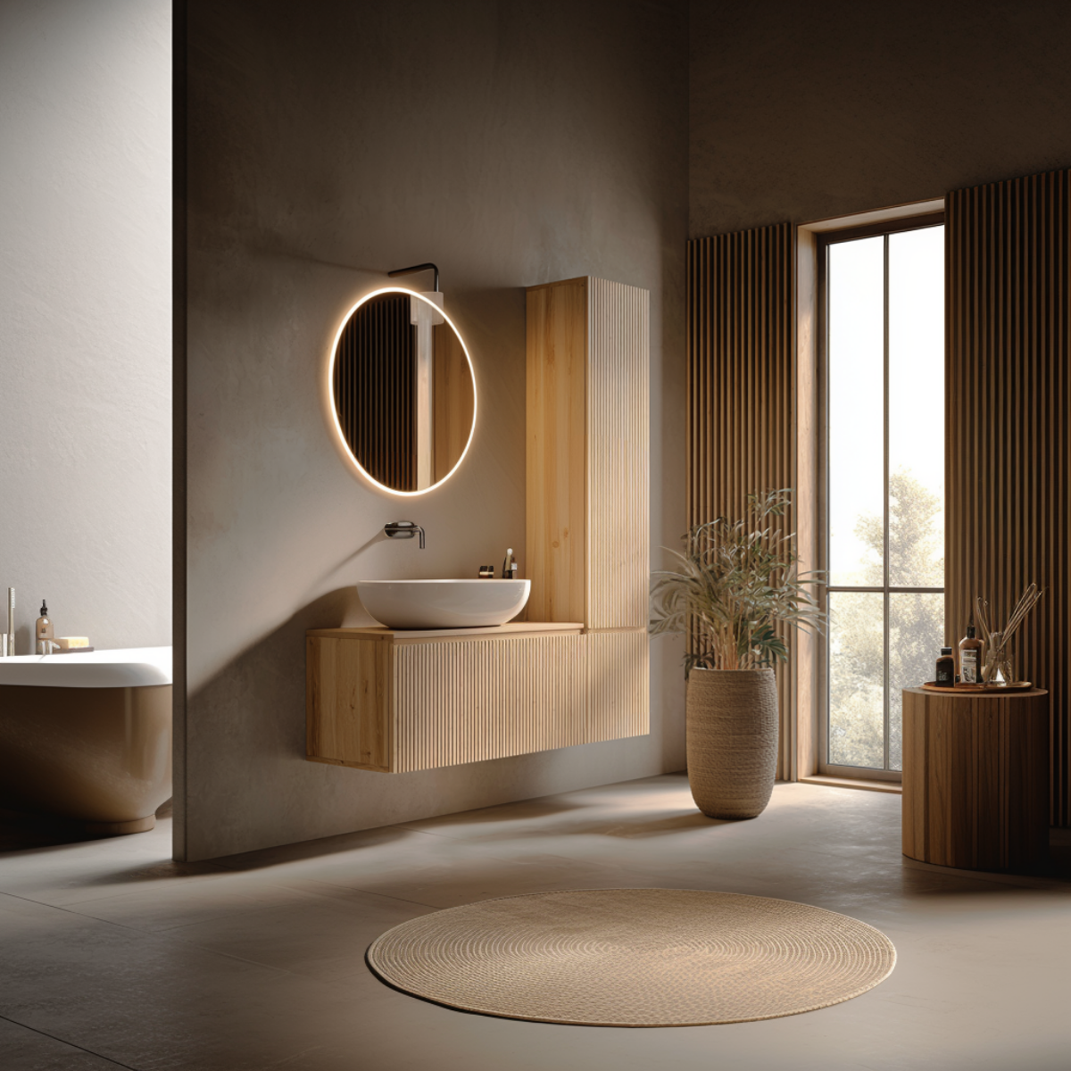minimalist japandi floating vanity with soft-close drawers