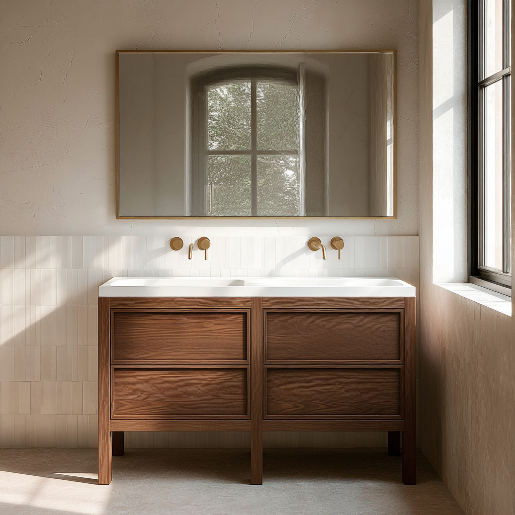 luxury freestanding walnut double sink cabinet