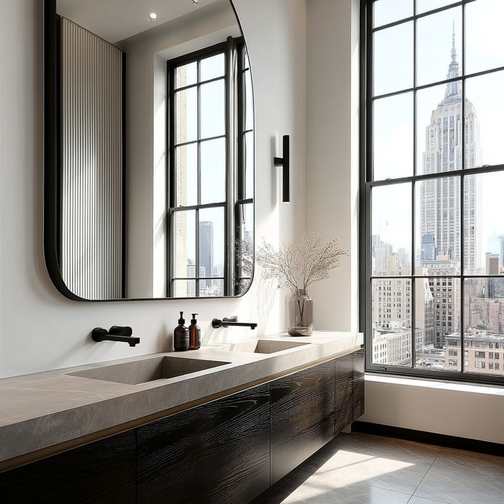 custom bathroom vanity handcrafted in black oak with brass handle and minimalist silhouette.