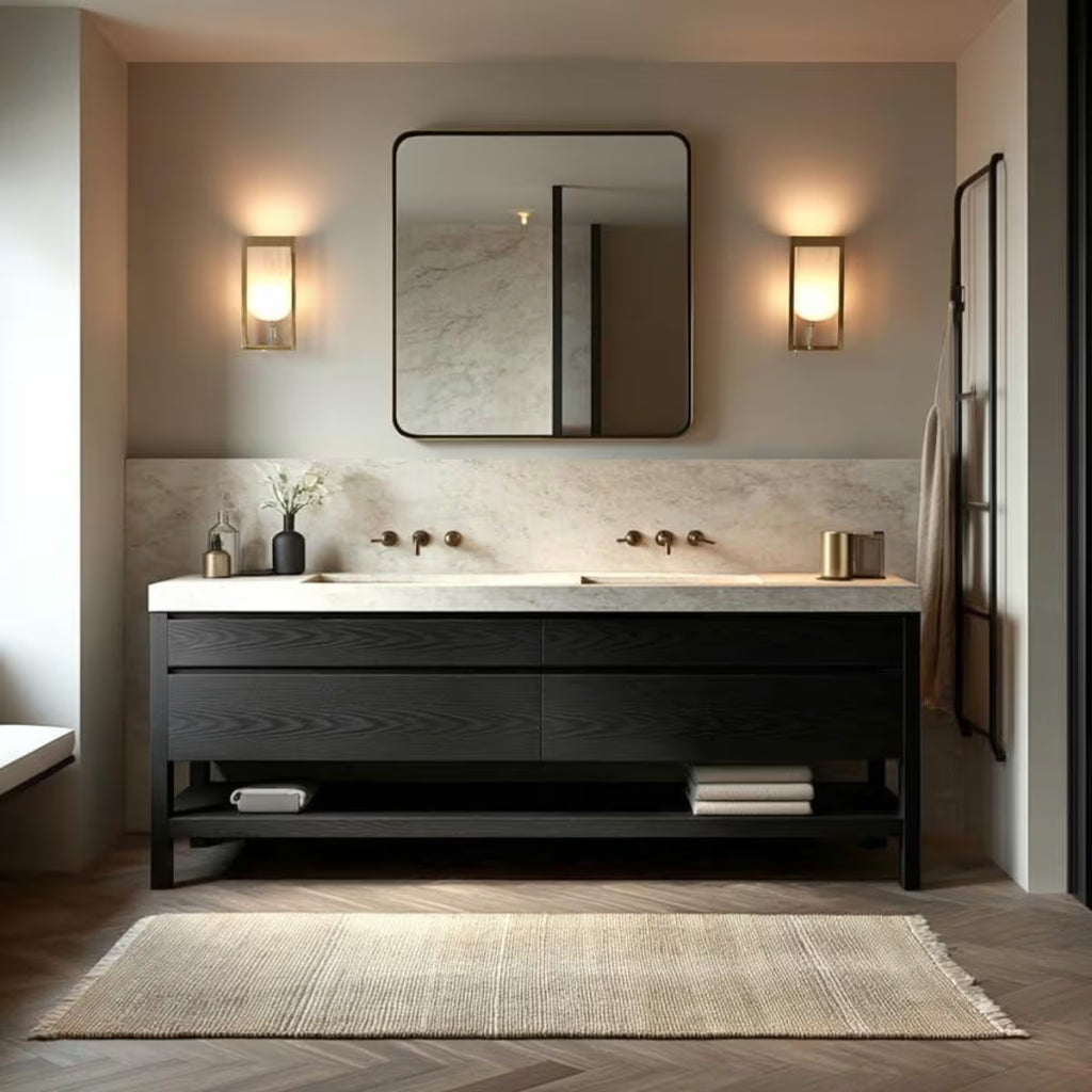 Freestanding dark oak double sink vanity with drawers and open shelf, handcrafted by HEAVEN.