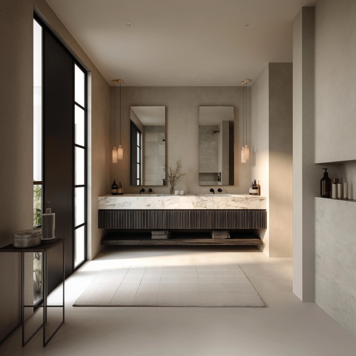 dark oak floating double vanity fluted front