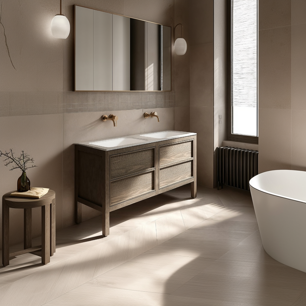 desert beige oak double sink vanity freestanding design