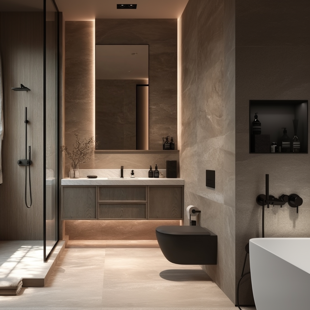 desert beige oak floating vanity minimalist bathroom