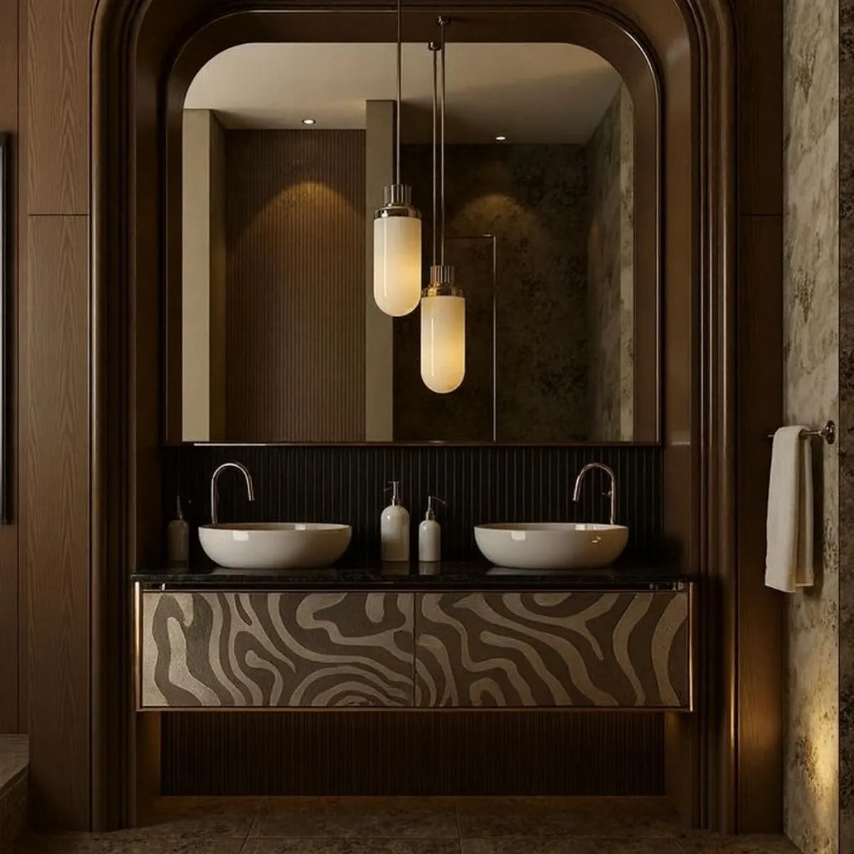 Luxury floating bathroom vanity in solid oak chocolate finish with patinated brass accents, handcrafted by HEAVEN