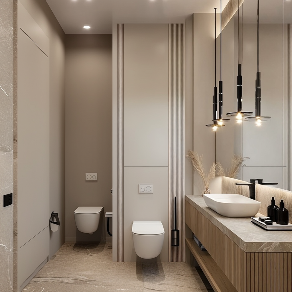 double sink floating walnut vanity minimalist design
