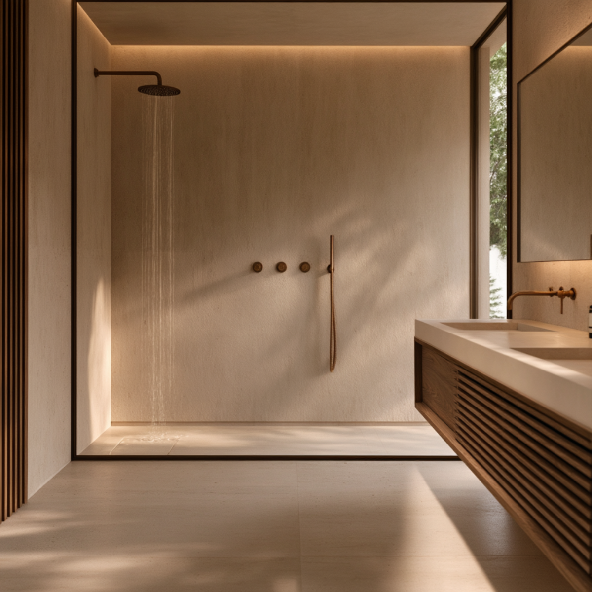 Walnut Floating Double Vanity — Slatted Modern Master Bathroom Cabinet