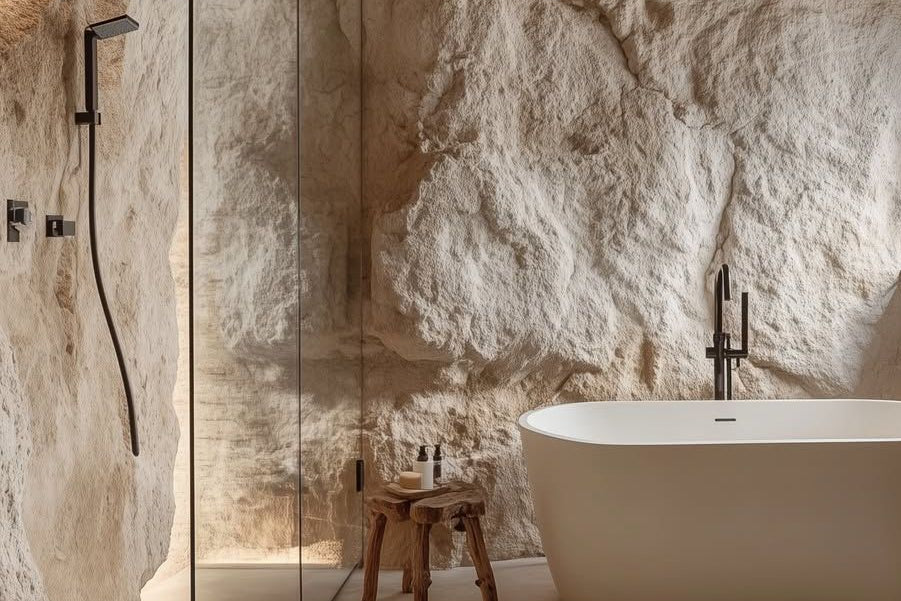 A modern freestanding bathtub in a rustic stone-walled bathroom with a glass shower enclosure, wooden ceiling beams, and a small wooden stool.