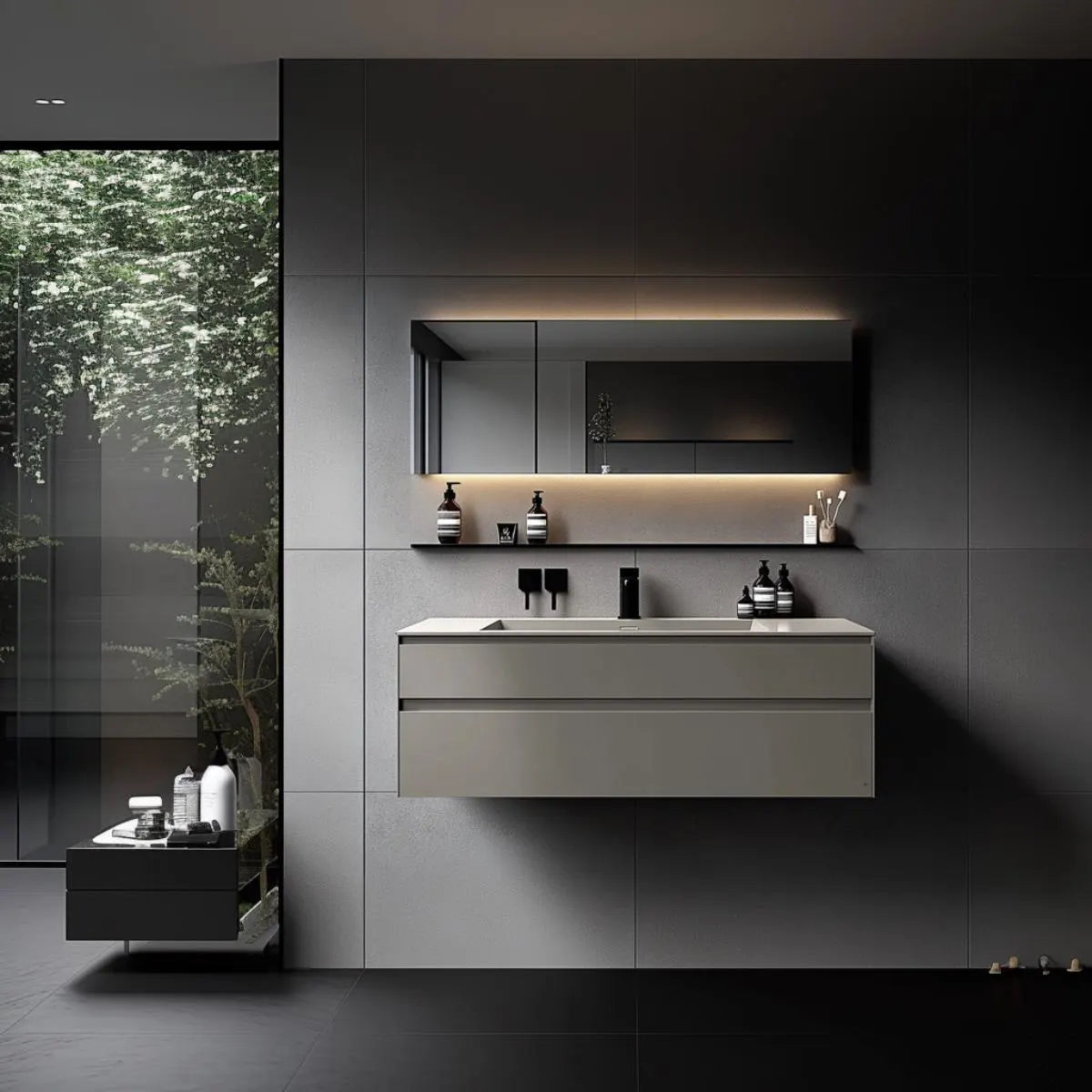 Floating bathroom vanity in mustard satin finish with natural oak veneer and handleless drawers.