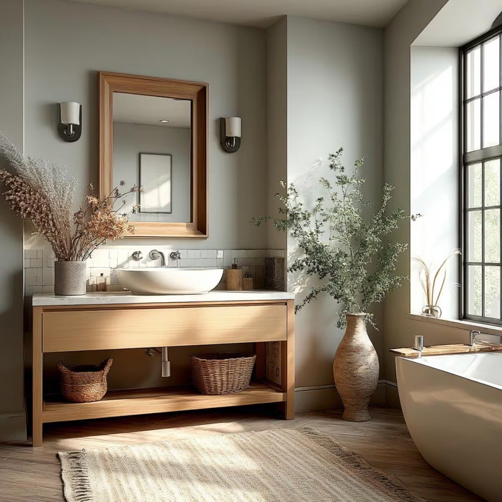 Handcrafted white oak freestanding bathroom vanity in farmhouse style, made to order by HEAVEN.
