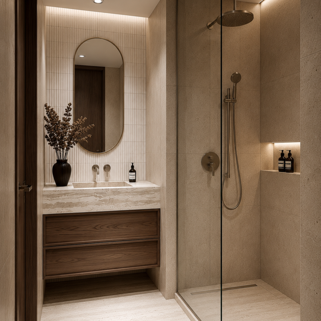 floating walnut bathroom cabinet