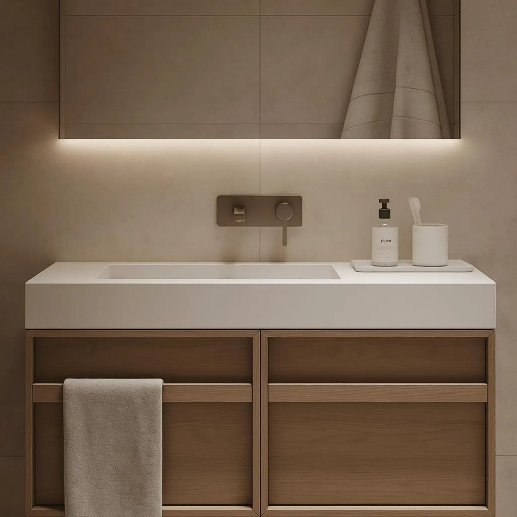 floating walnut bathroom vanity with soft-close drawers and clean modern design by HEAVEN.