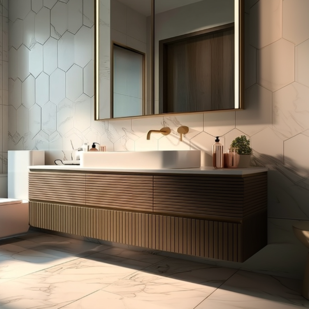 floating walnut double vanity fluted front