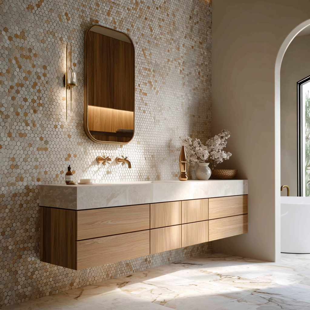 floating white oak double vanity handleless drawers