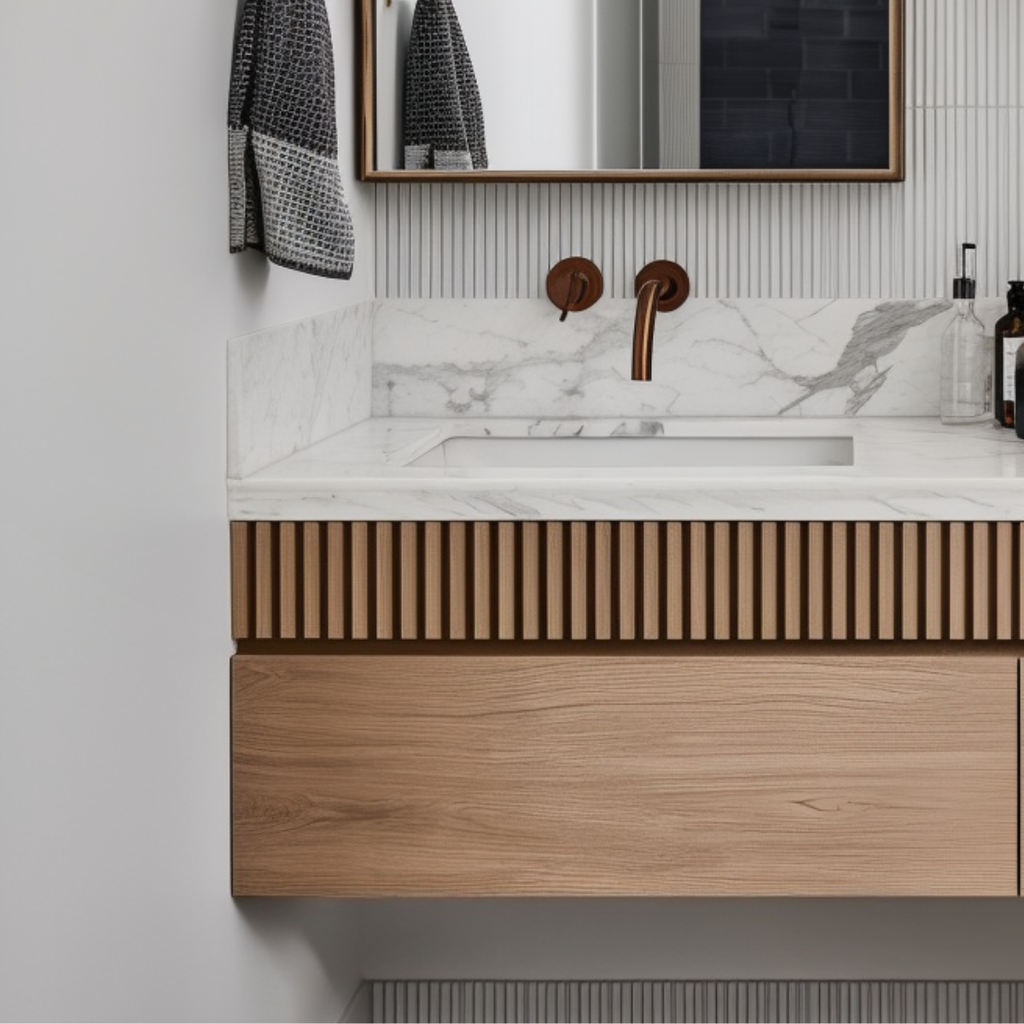 floating white oak powder room vanity