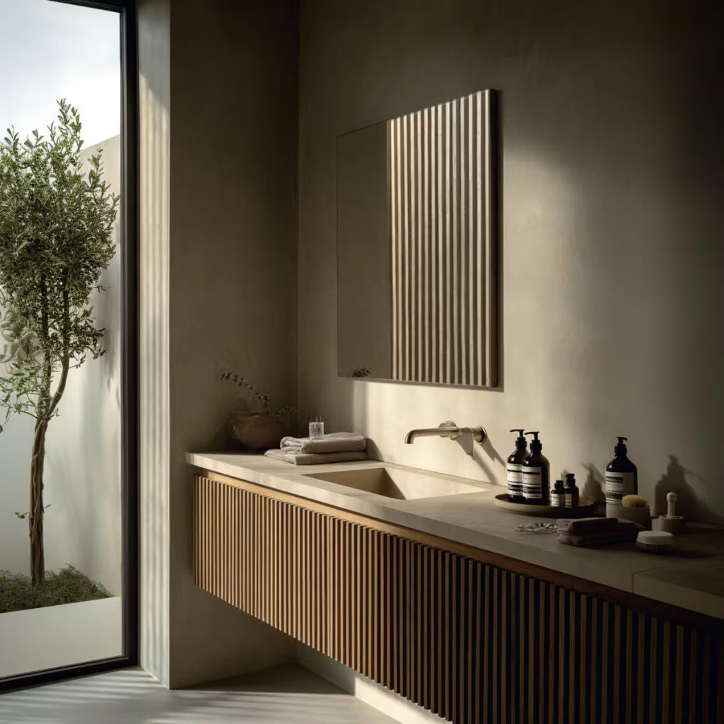 modern fluted vanity combining white oak and walnut finishes, wall-mounted design by HEAVEN