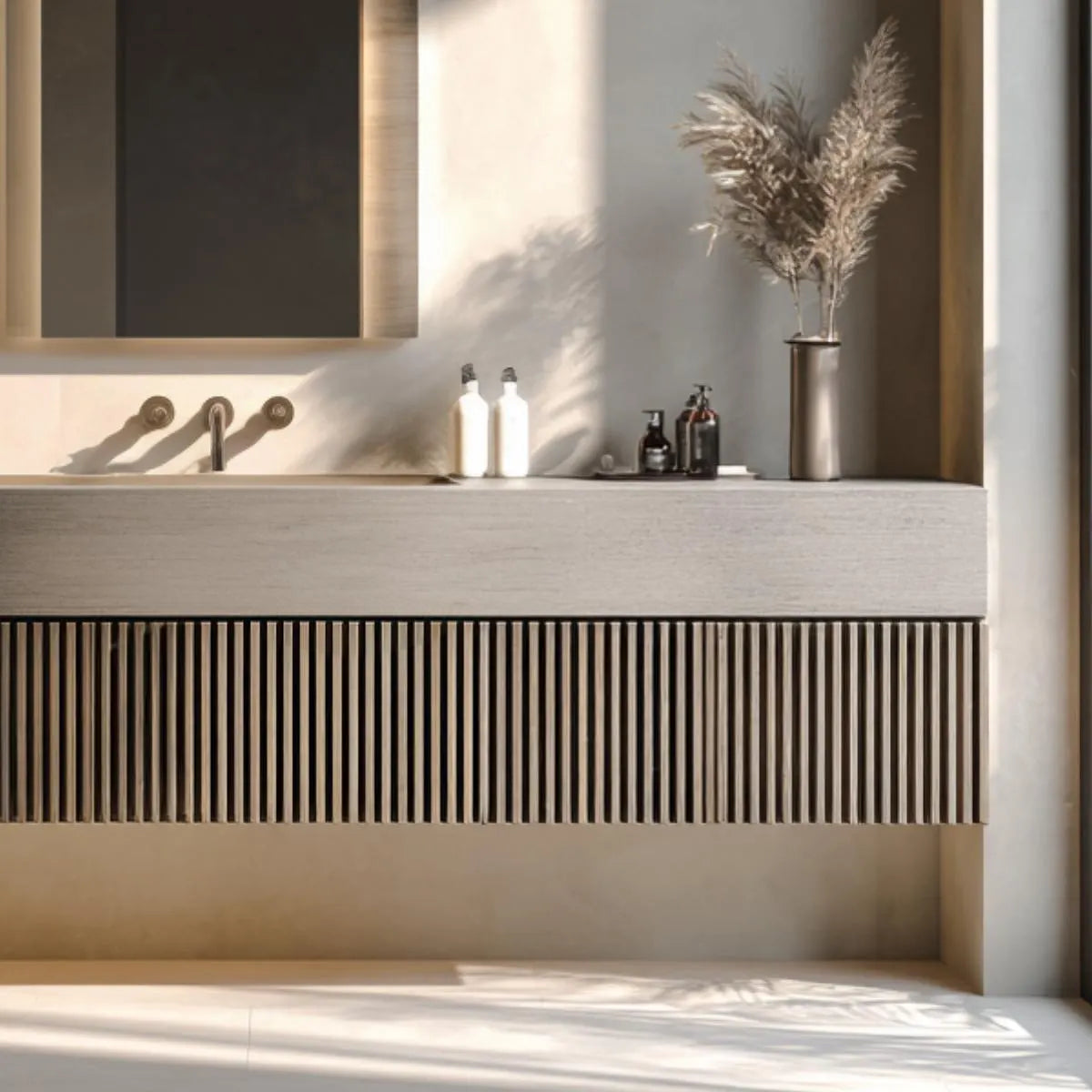 Modern fluted gray oak floating bathroom vanity with handleless drawers and minimalist wall-hung design.
