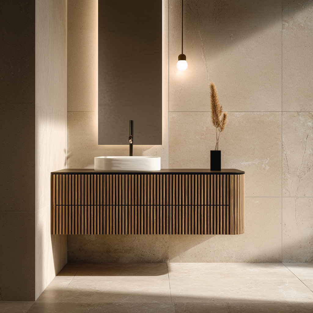 fluted oak floating vanity curved edge