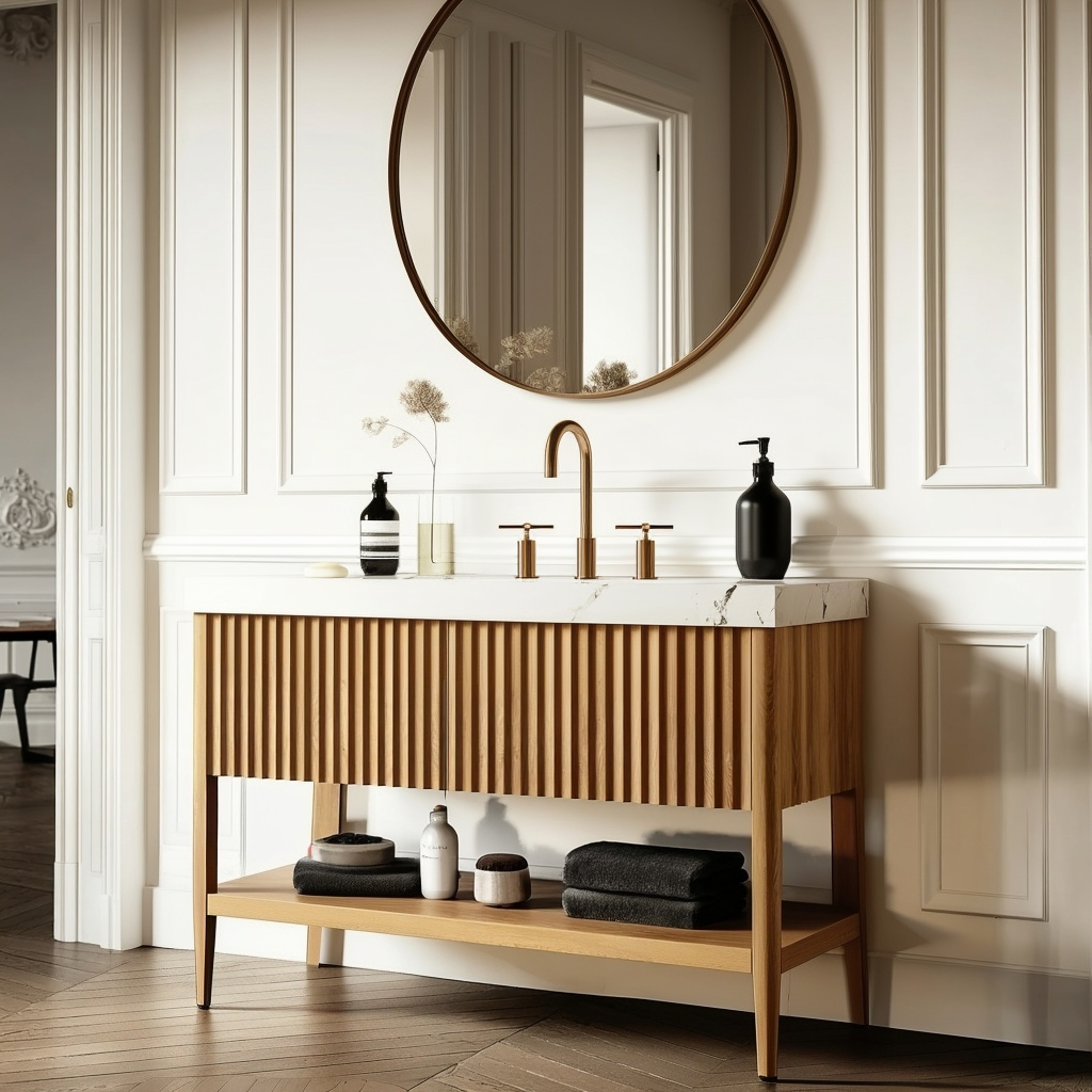 handcrafted white oak double vanity with open shelf