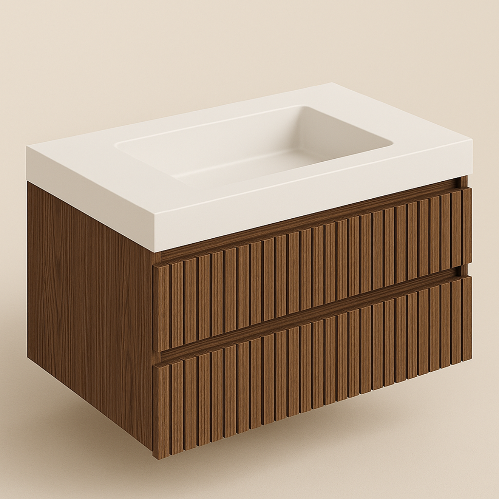 handcrafted fluted white oak floating bathroom cabinet