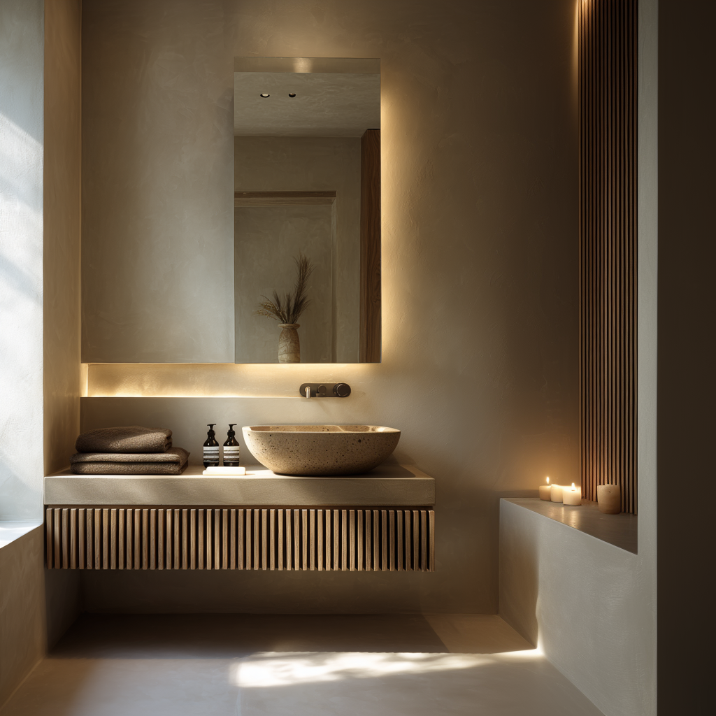 modern floating oak vanity with fluted front design and natural finish by HEAVEN