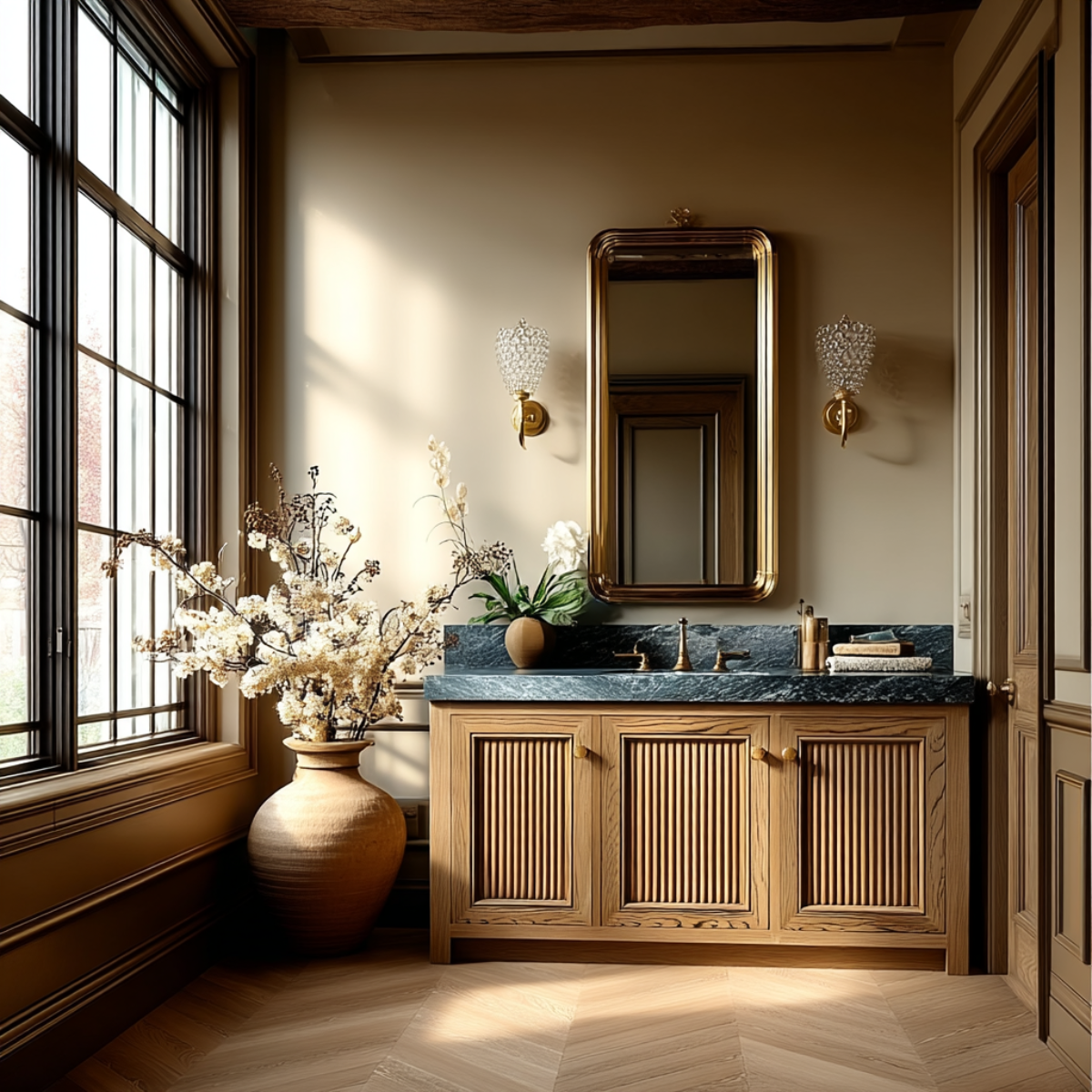 fluted oak freestanding bathroom vanity