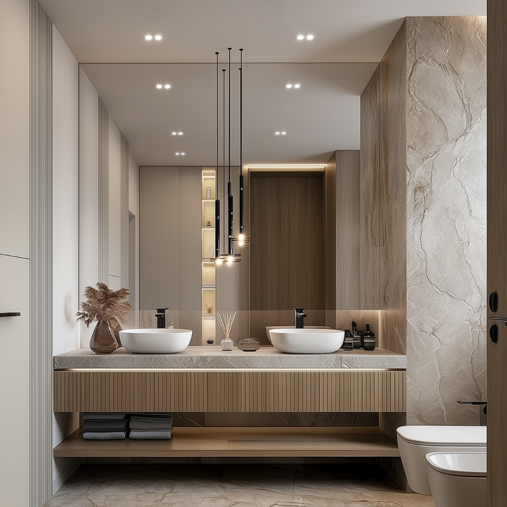 fluted walnut floating double sink bathroom vanity