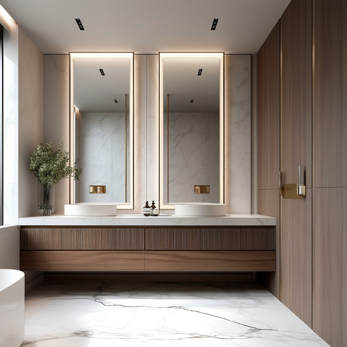 fluted walnut floating bathroom vanity