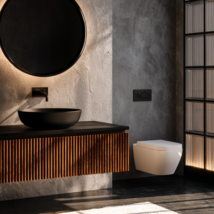 fluted walnut single sink vanity