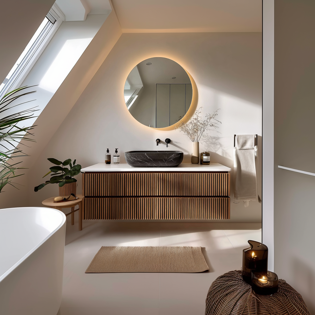 fluted white oak floating vanity with vertical textured fronts