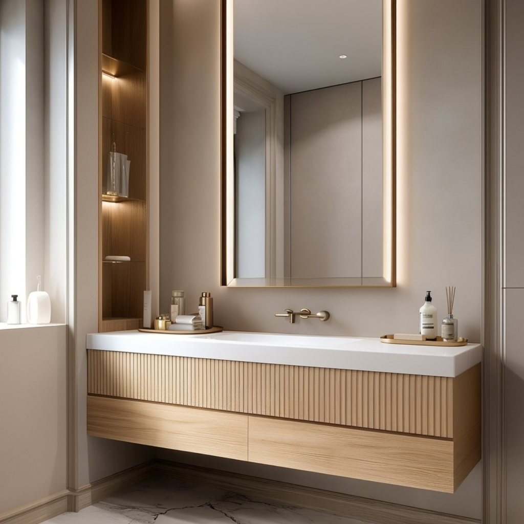 fluted white oak floating bathroom vanity
