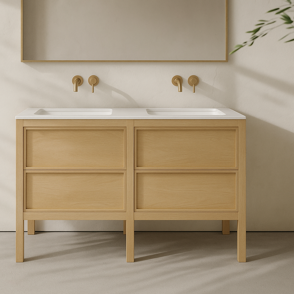 white oak double vanity with four soft-close drawers