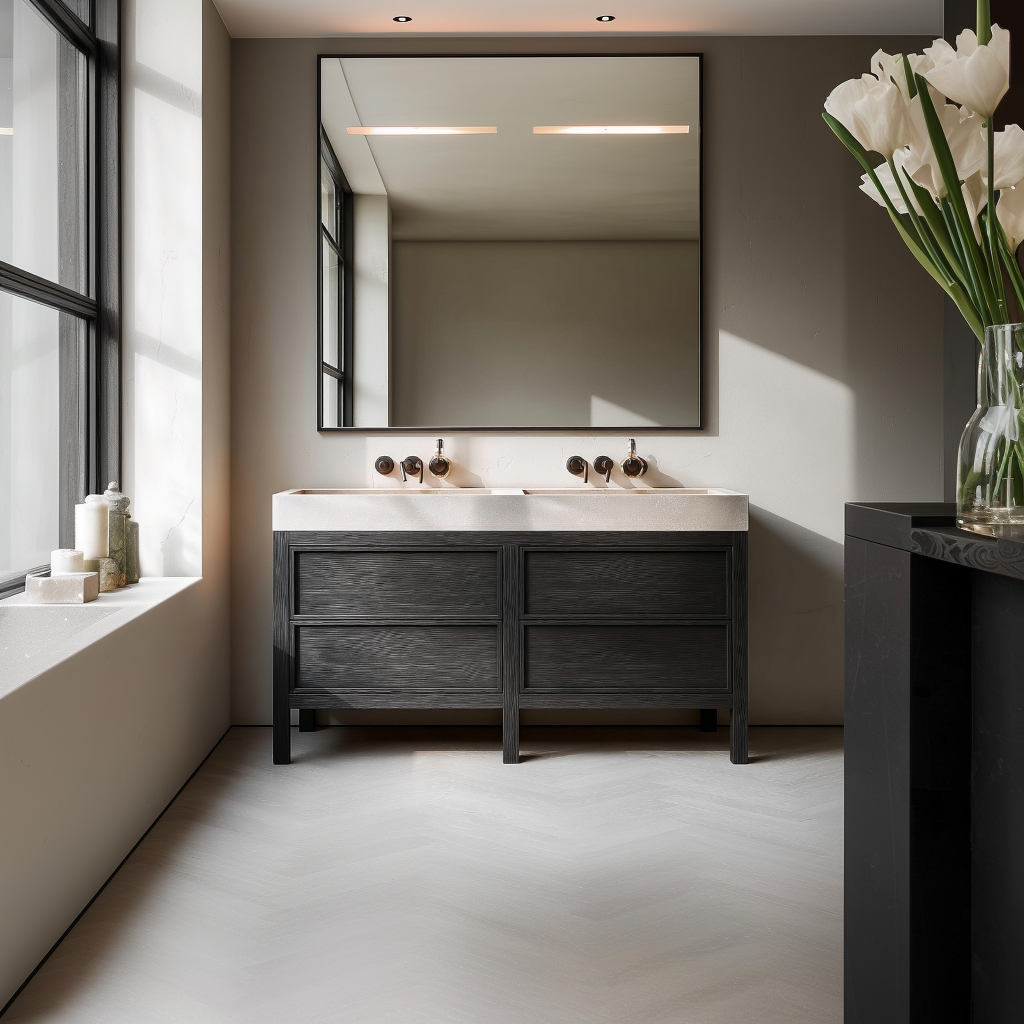 handcrafted black oak bathroom vanity with Gemini stain