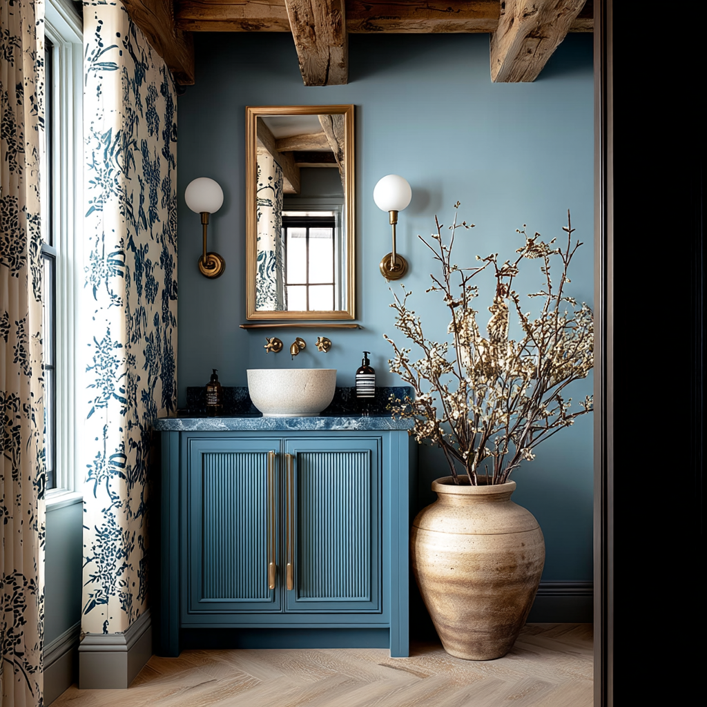 freestanding bathroom vanity in blue oak with elegant brass handles and base by HEAVEN