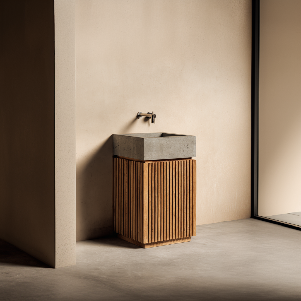 freestanding fluted white oak vanity for small bathroom