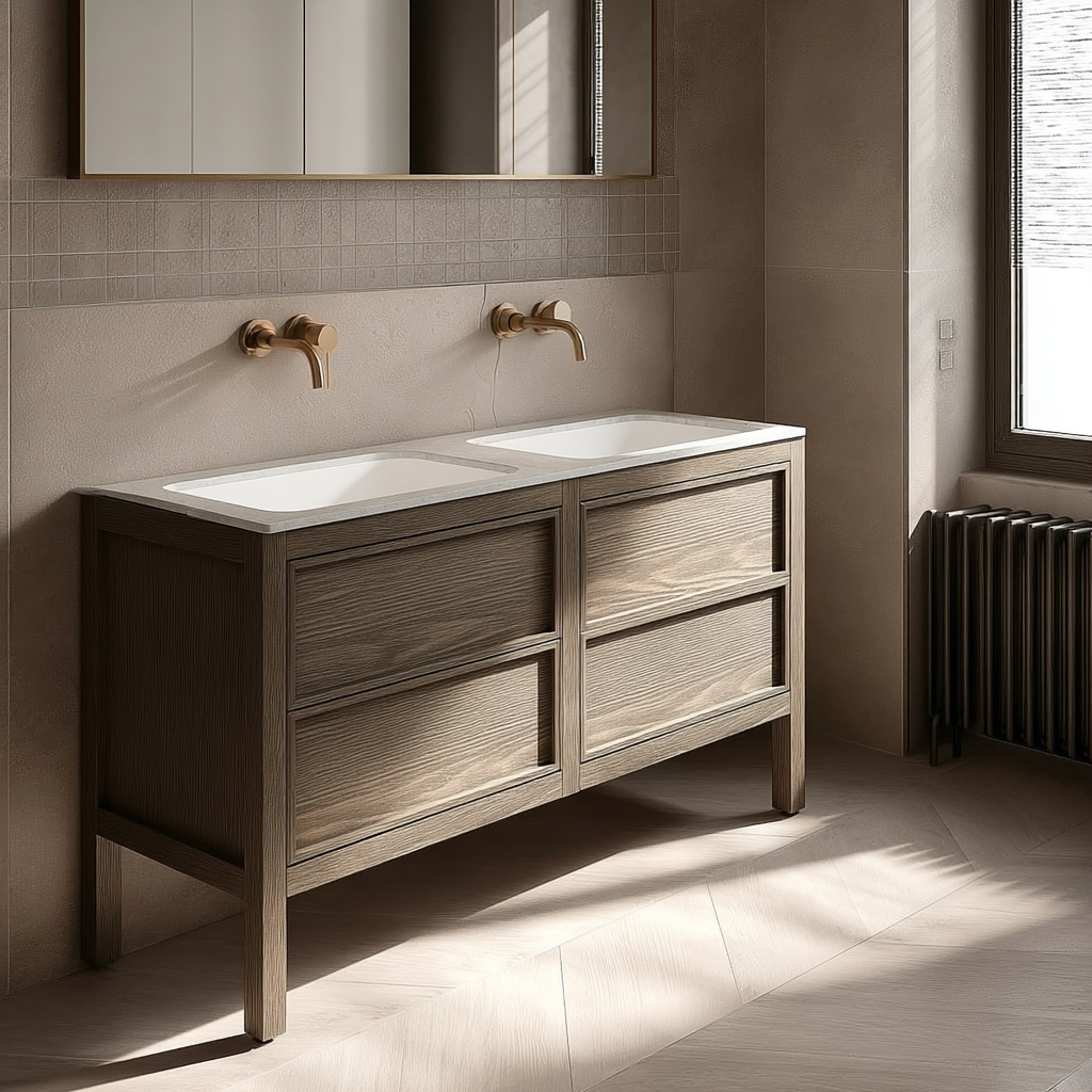 handcrafted oak double sink bathroom cabinet in beige finish