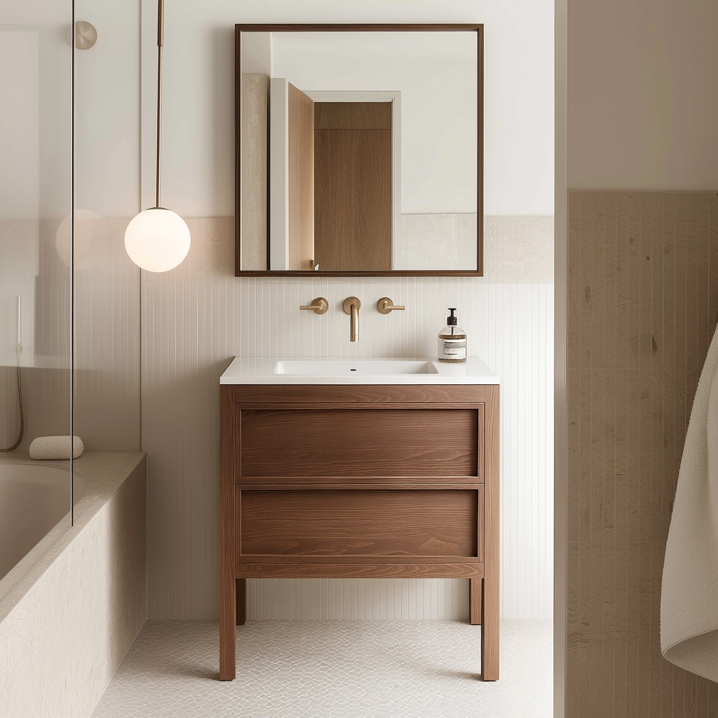 freestanding walnut bathroom vanity modern slim shaker design