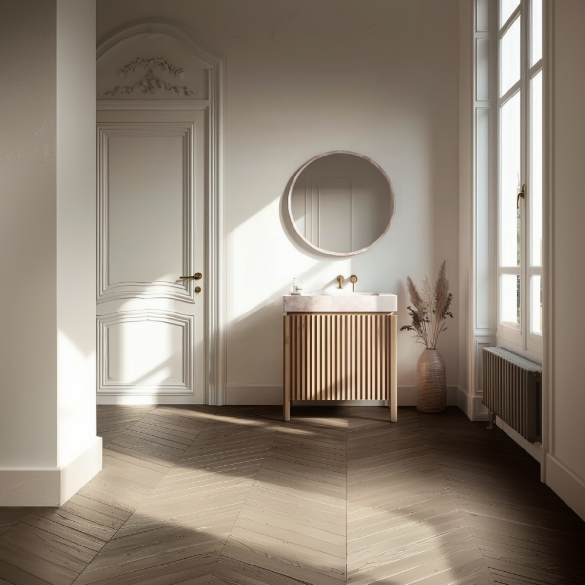 compact white oak vanity with handleless doors