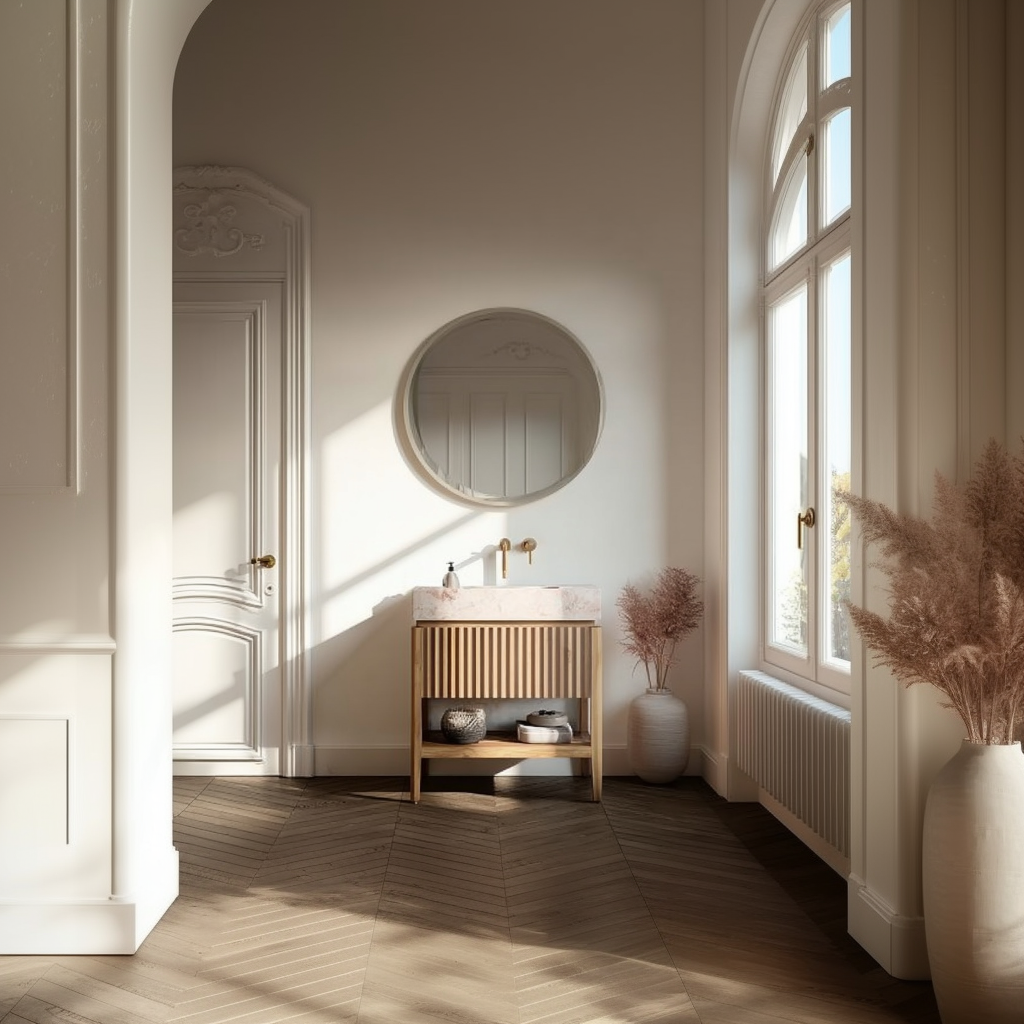 freestanding white oak vanity with open shelf design