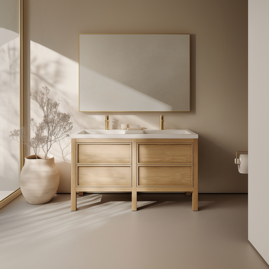 handcrafted double sink white oak vanity with shaker doors