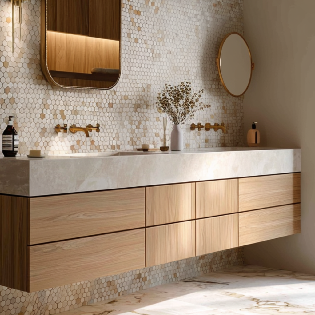 modern wall mounted oak double sink vanity