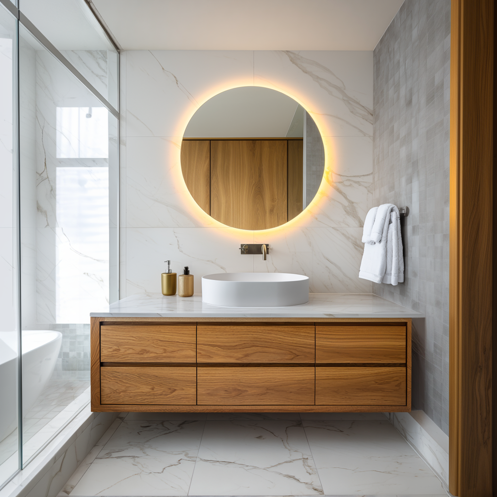 handleless oak bathroom cabinet