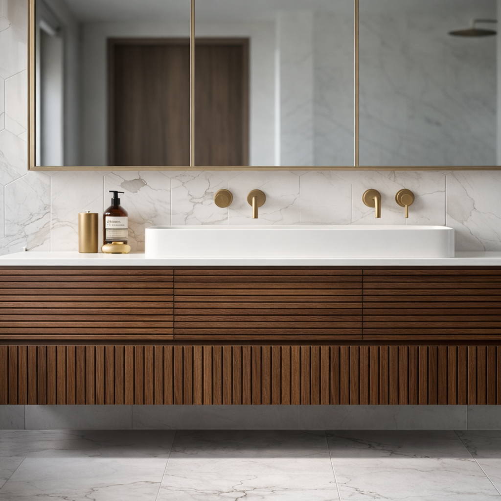 handleless walnut double sink vanity