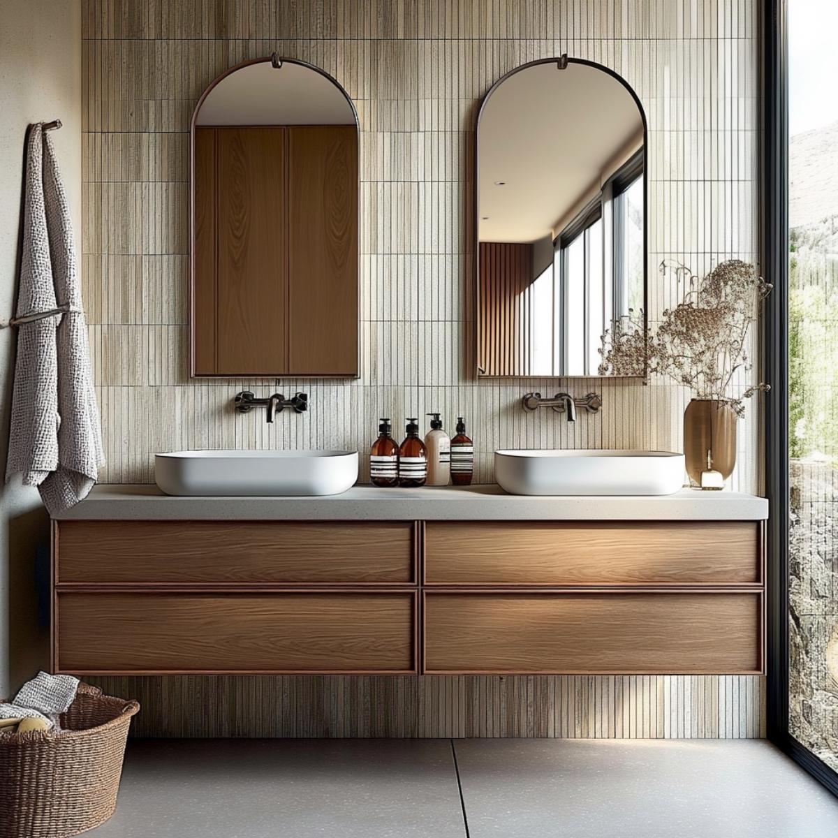 Modern walnut floating bathroom vanity with handleless drawers and wall-mounted design by HEAVEN.