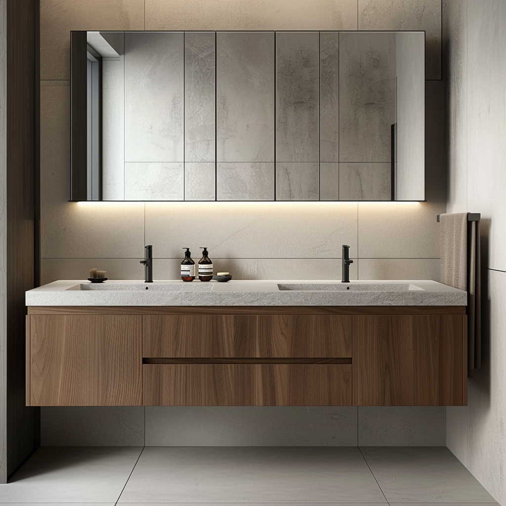handleless walnut vanity flat fronts