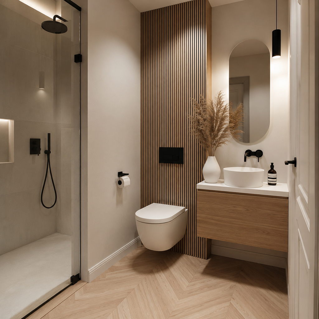 handleless white oak vanity